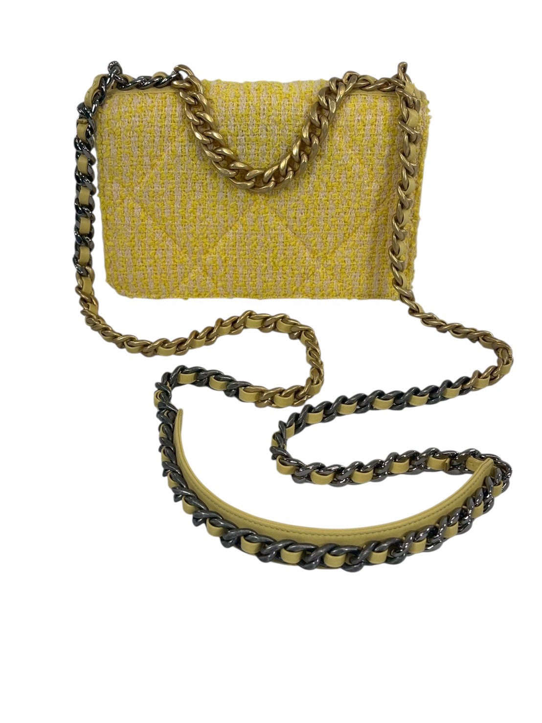 CHANEL シャネル19 ツイード チェーンショルダーバッグ イエロー ゴールド×シルバー金具