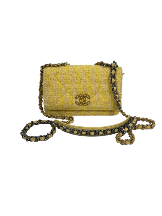 CHANEL シャネル19 ツイード チェーンショルダーバッグ イエロー ゴールド×シルバー金具