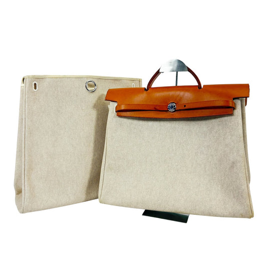 HERMES エールバッグMM □D刻印　2007年　トワルアッシュxレザー ベージュ シルバー金具