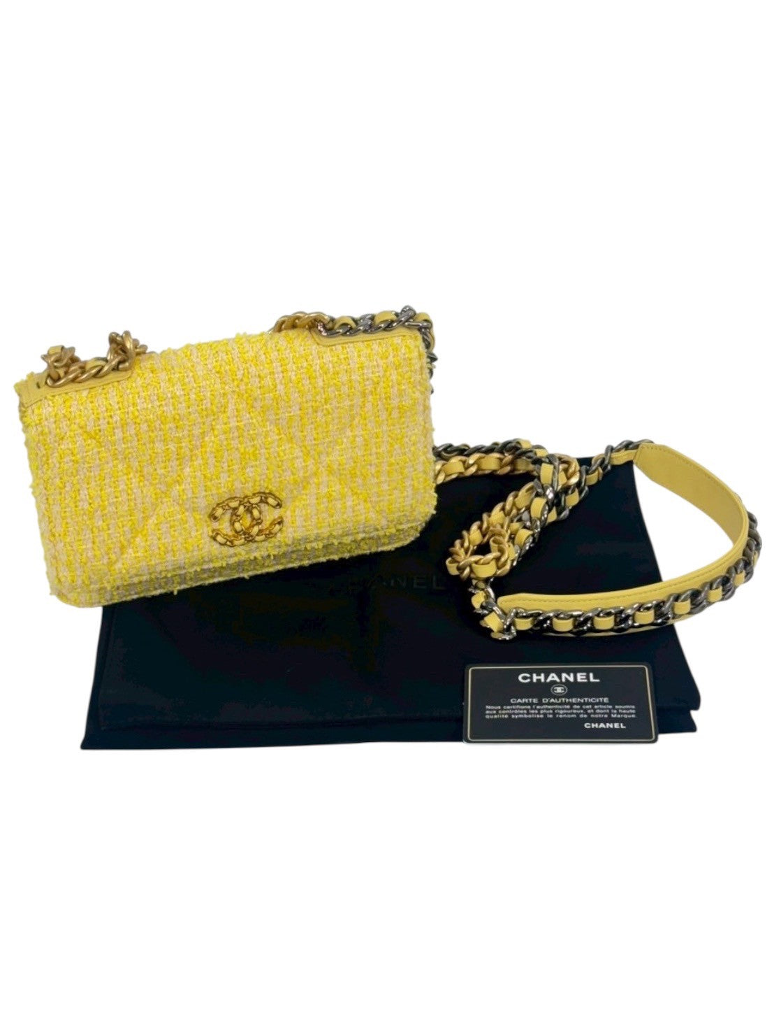 CHANEL シャネル19 ツイード チェーンショルダーバッグ イエロー ゴールド×シルバー金具