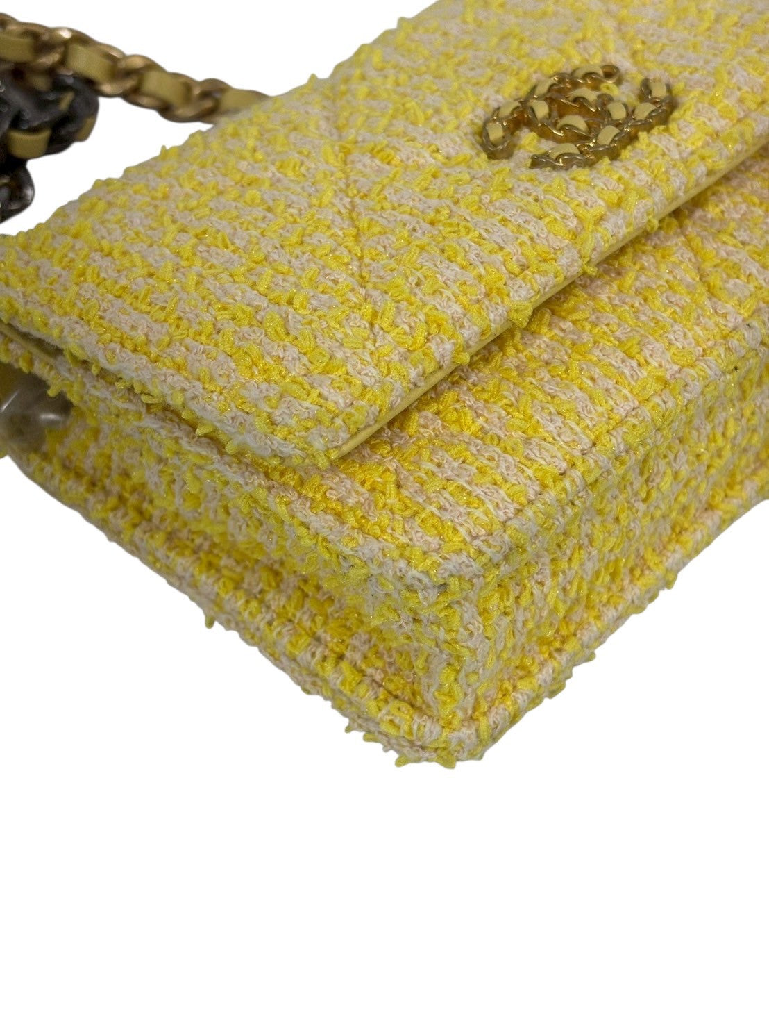 CHANEL シャネル19 ツイード チェーンショルダーバッグ イエロー ゴールド×シルバー金具
